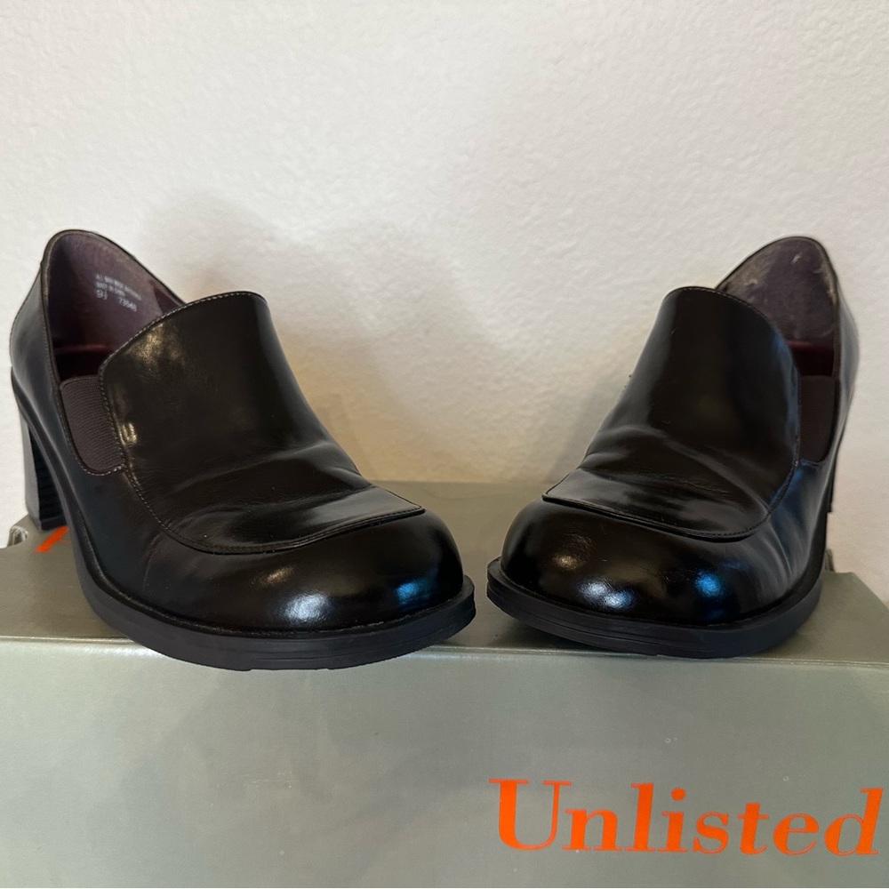 UNLISTED, genuine leather, brown loafers with approx. 3” heel, 9.5